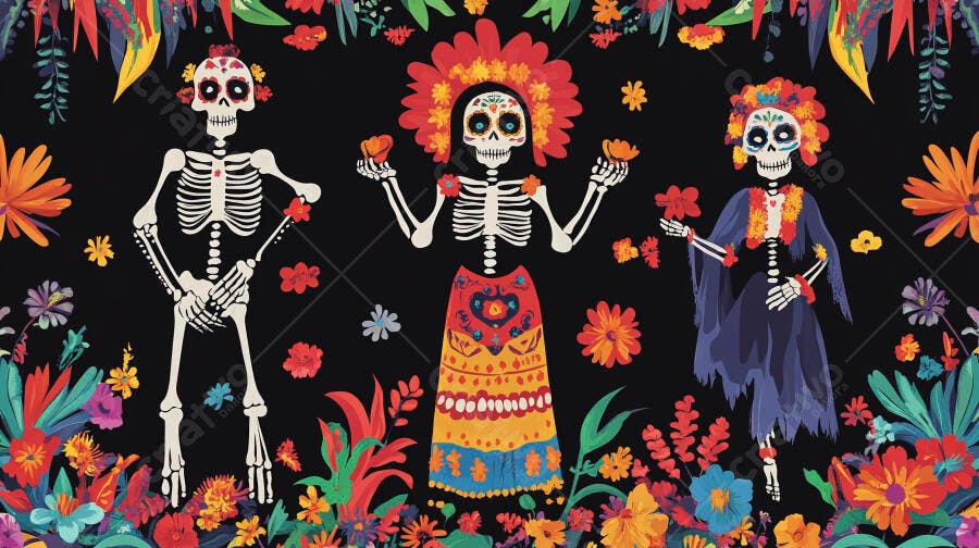 Calaveras mexicanas coloridas celebrando Dia dos Mortos com flores