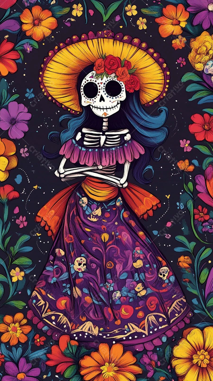 Calavera Catrina com chapéu amarelo e vestido roxo para Dia dos Mortos