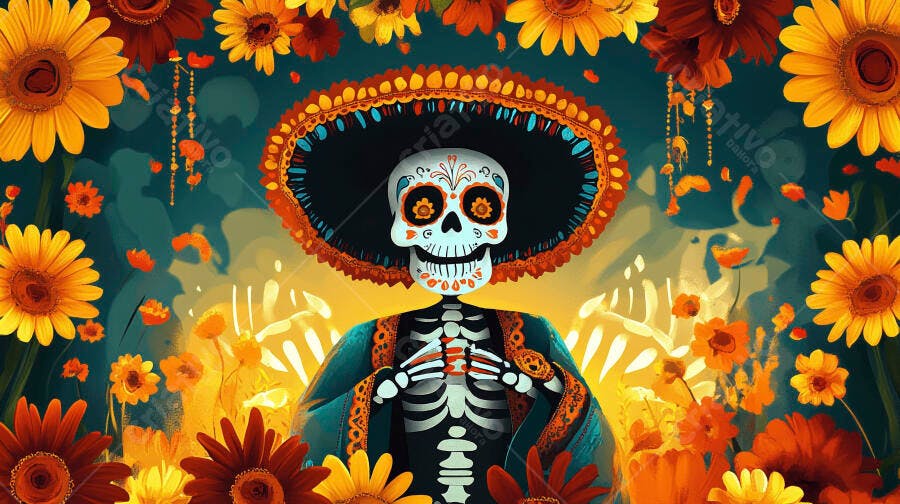Esqueleto Calavera Catrina vibrante com sombrero e flores de cempasúchil Dia dos Mortos