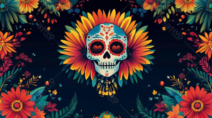 Calavera mexicana vibrante com flores Dia de los Muertos em fundo escuro
