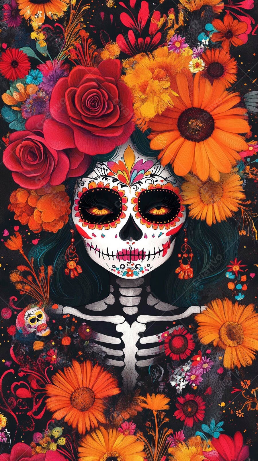 Calavera Catrina com flores vibrantes e esqueleto Dia de los Muertos celebração