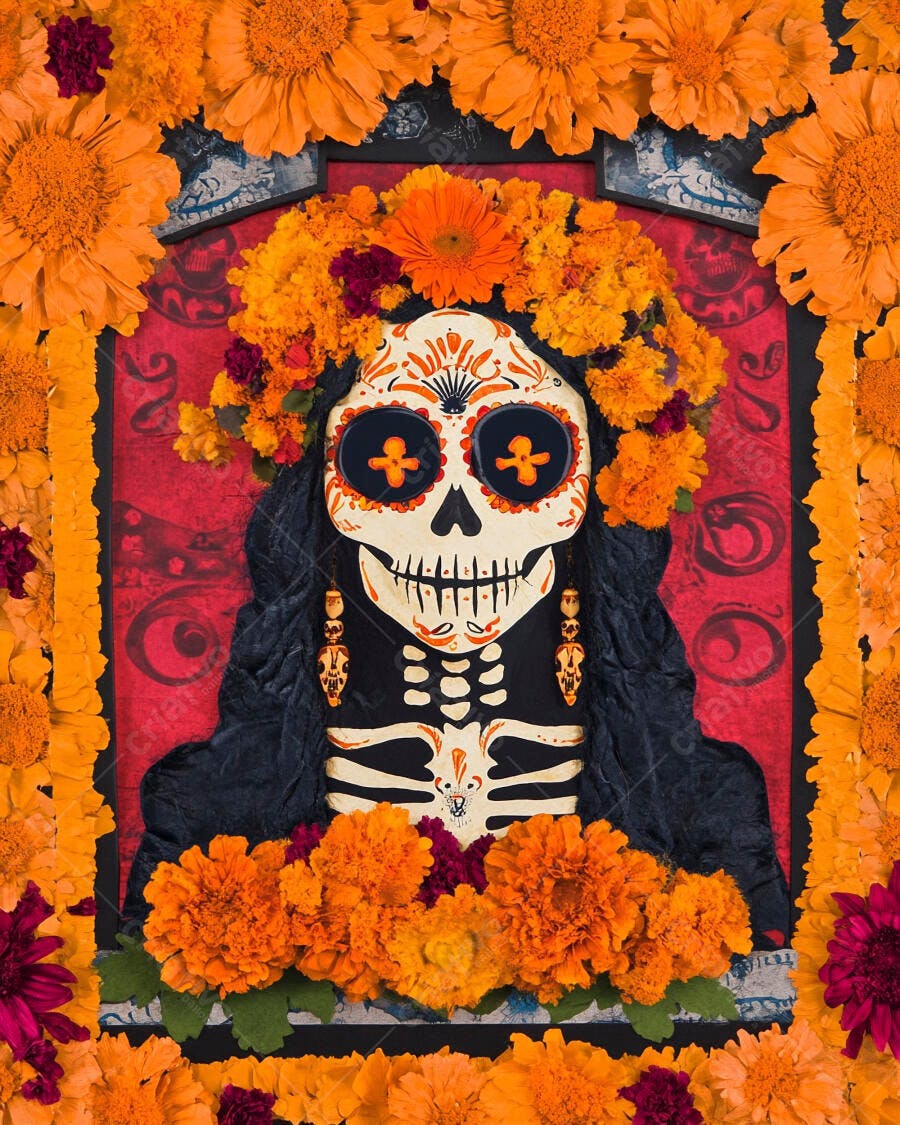 Calavera mexicana com flores cempasúchil celebra Dia de Muertos