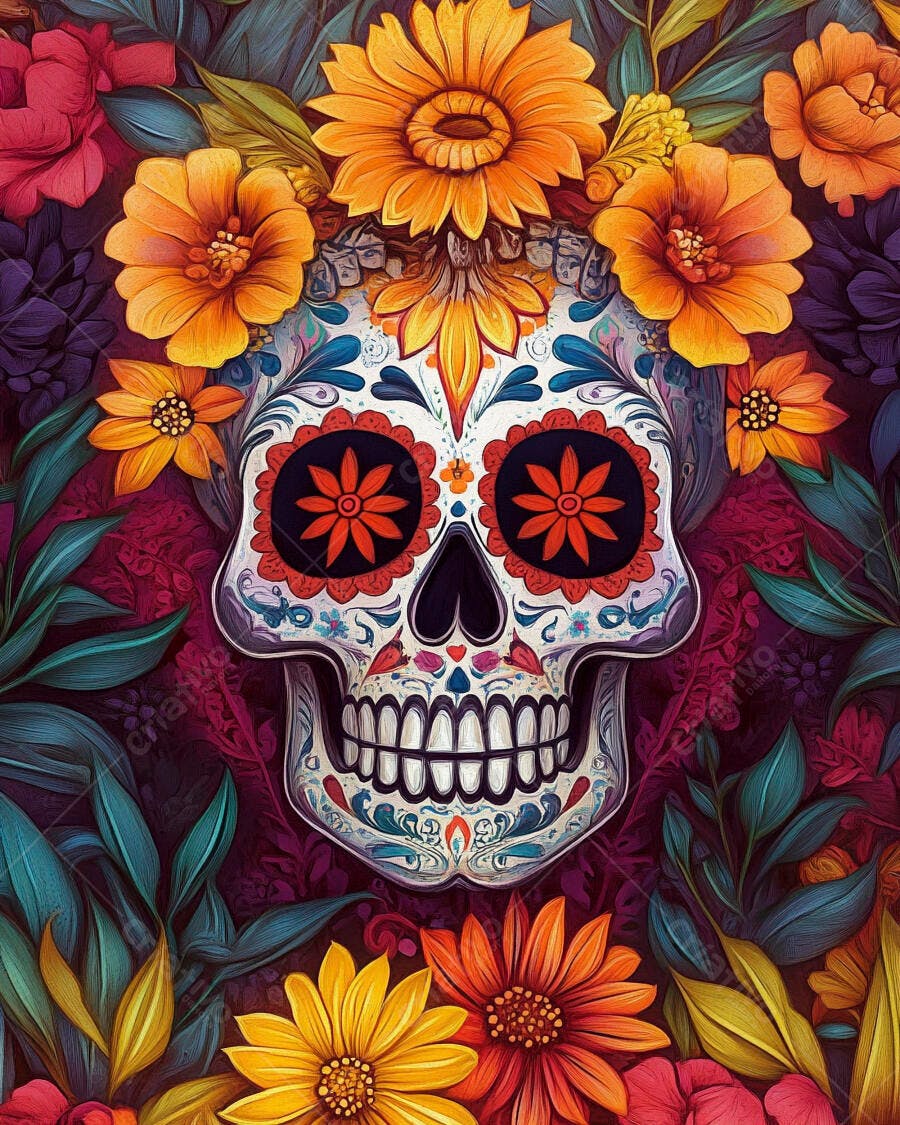 Caveira mexicana decorada com flores laranjas e amarelas folhagem colorida