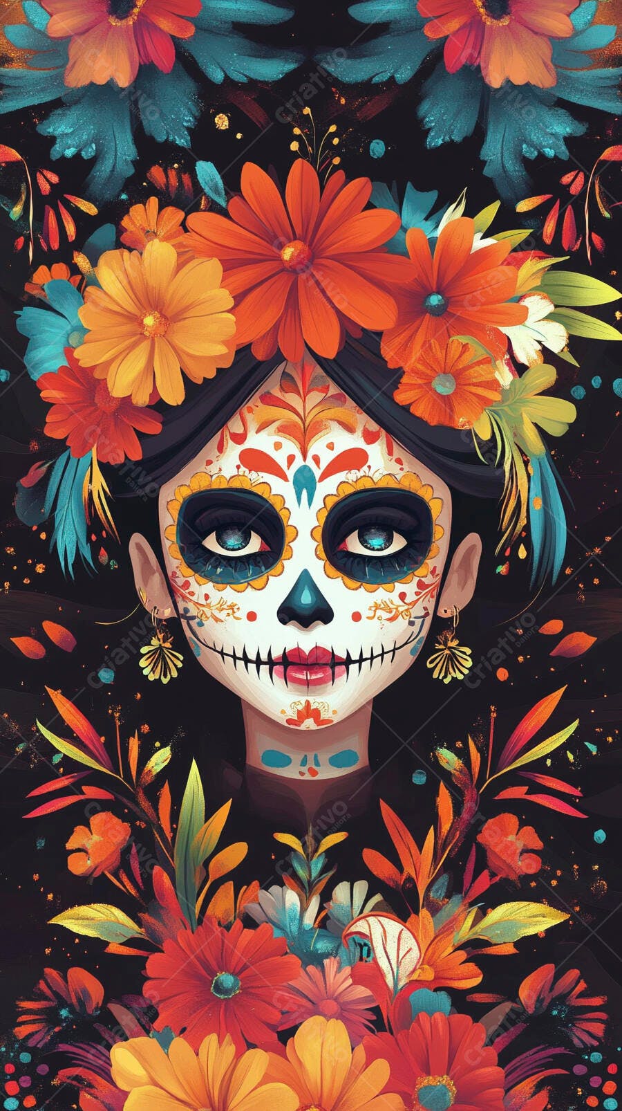 Mulher Catrina maquiagem caveira mexicana flores coloridas Dia dos Mortos