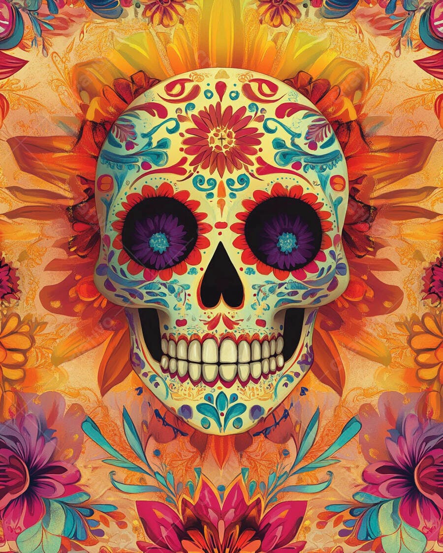 Calavera de açúcar floral mexicana vibrante celebra Dia dos Mortos
