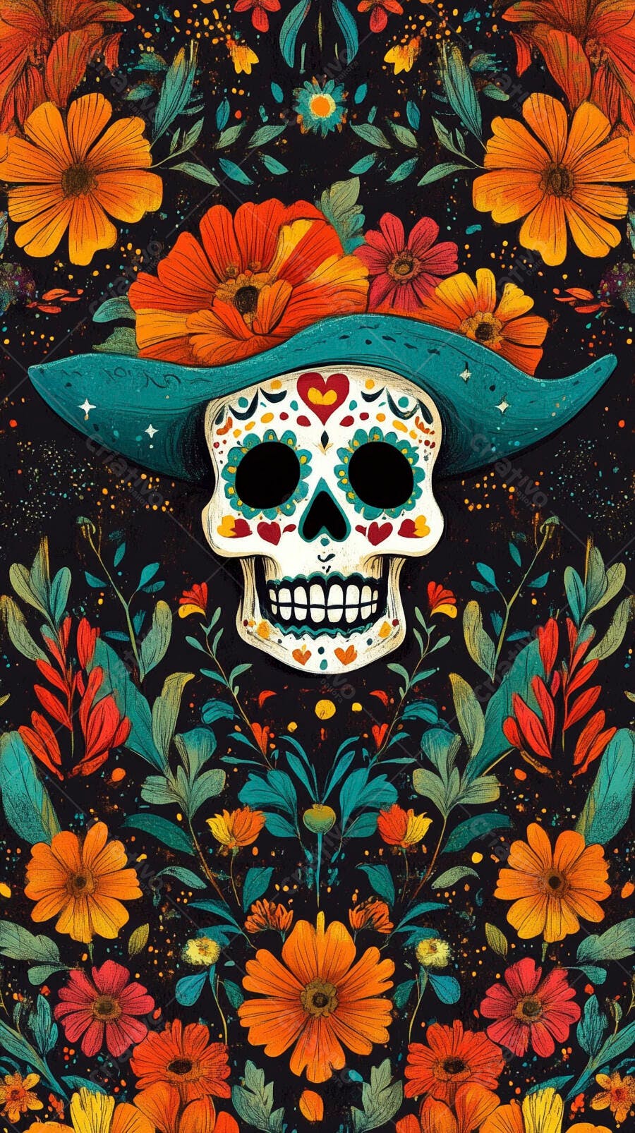 Calavera mexicana com chapéu e flores coloridas padrões artísticos Dia dos Mortos