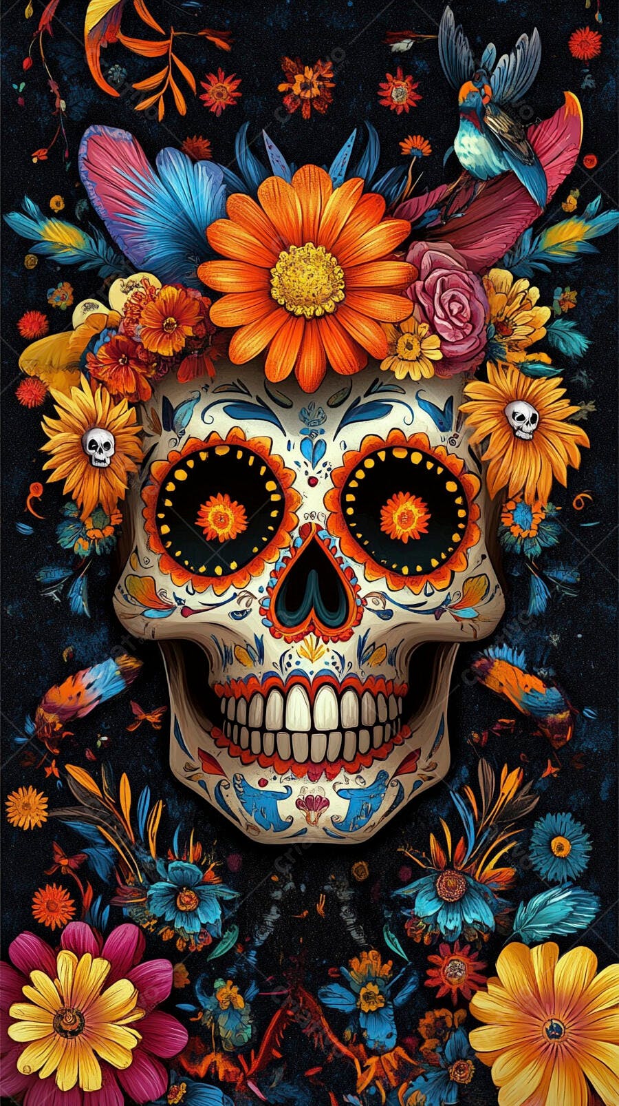 Caveira mexicana colorida com flores e pássaros Dia dos Mortos