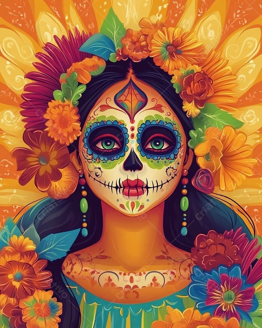 Mulher Calavera com maquiagem Dia dos Mortos e coroa floral colorida