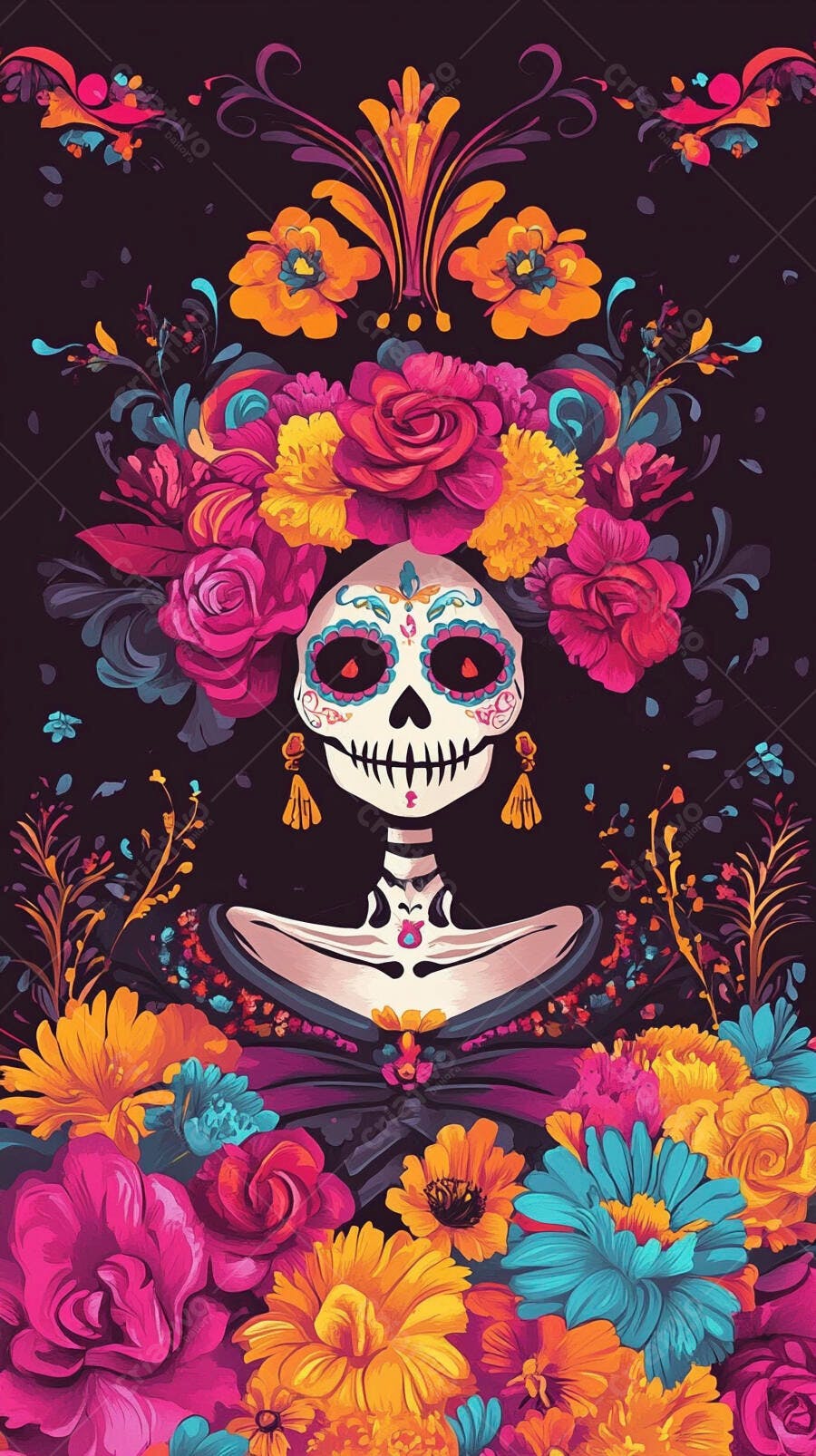 Calavera Catrina mexicana com flores vibrantes e maquiagem colorida Dia de los Muertos