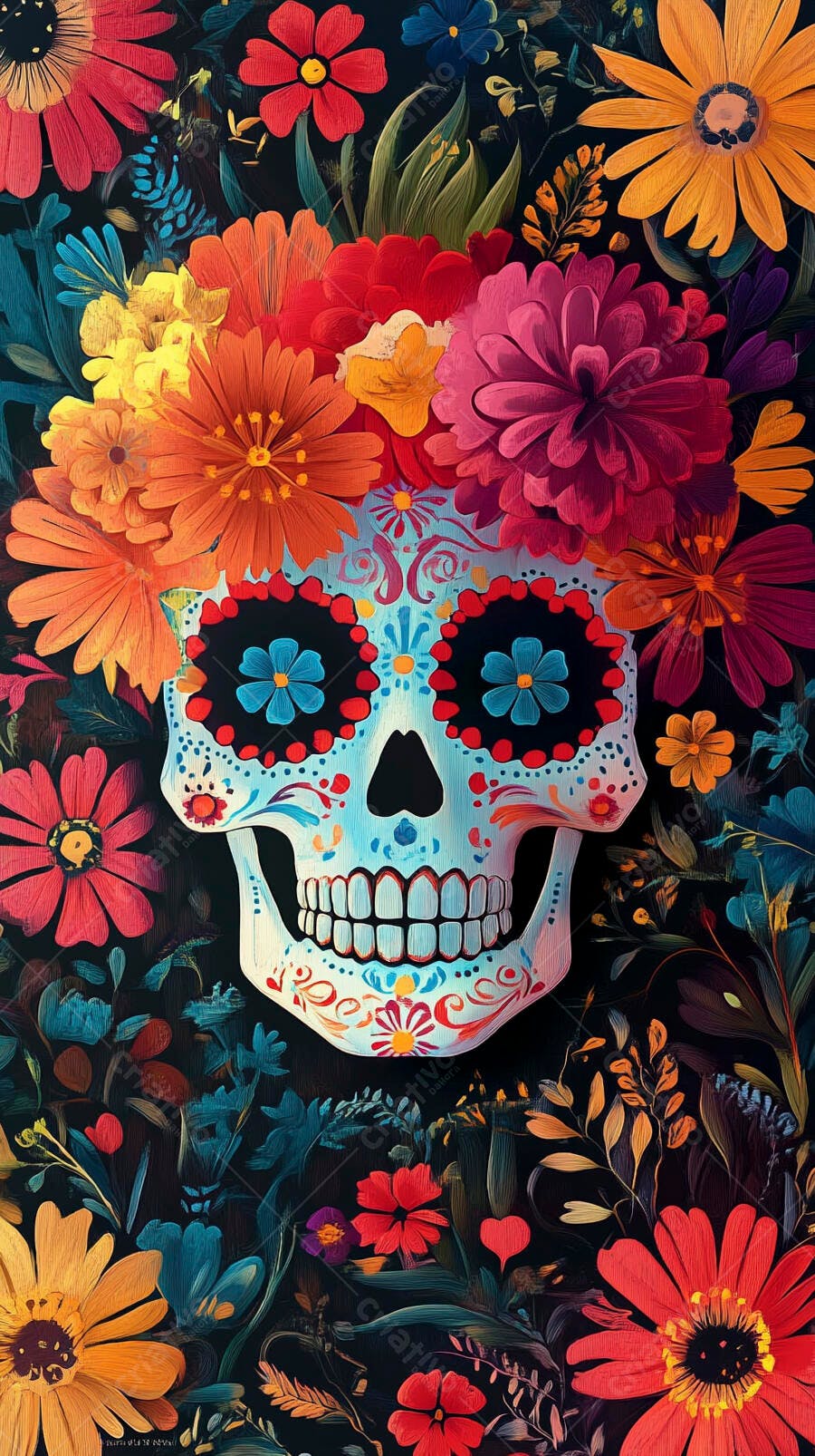 Calavera mexicana colorida com flores vibrantes da celebração do Dia dos Mortos