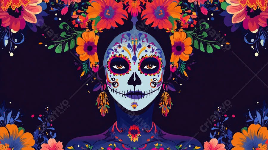 Calavera Catrina rosto feminino maquiagem caveira mexicana flores vibrantes celebração