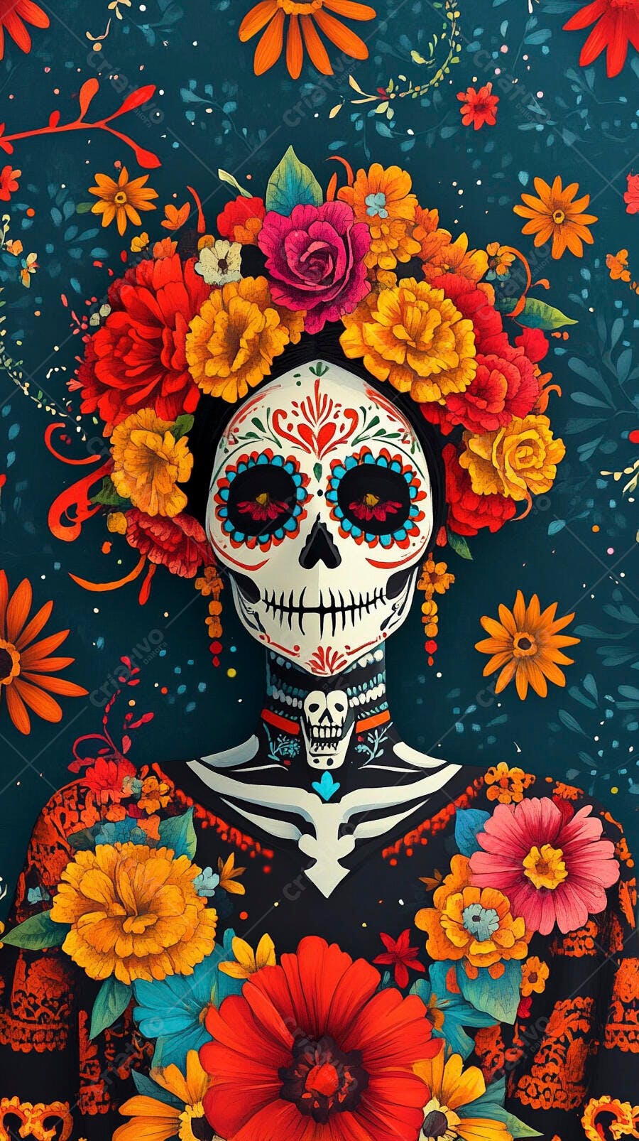 Calavera mexicana com coroa de flores coloridas Dia dos Mortos