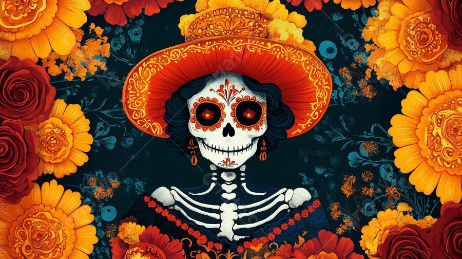 Calavera Catrina mexicana com chapéu e flores coloridas Dia dos Mortos