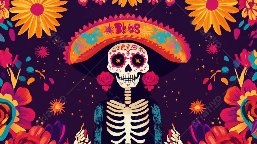 Esqueleto Calavera Catrina colorido Dia de Muertos flores vibrantes ilustração