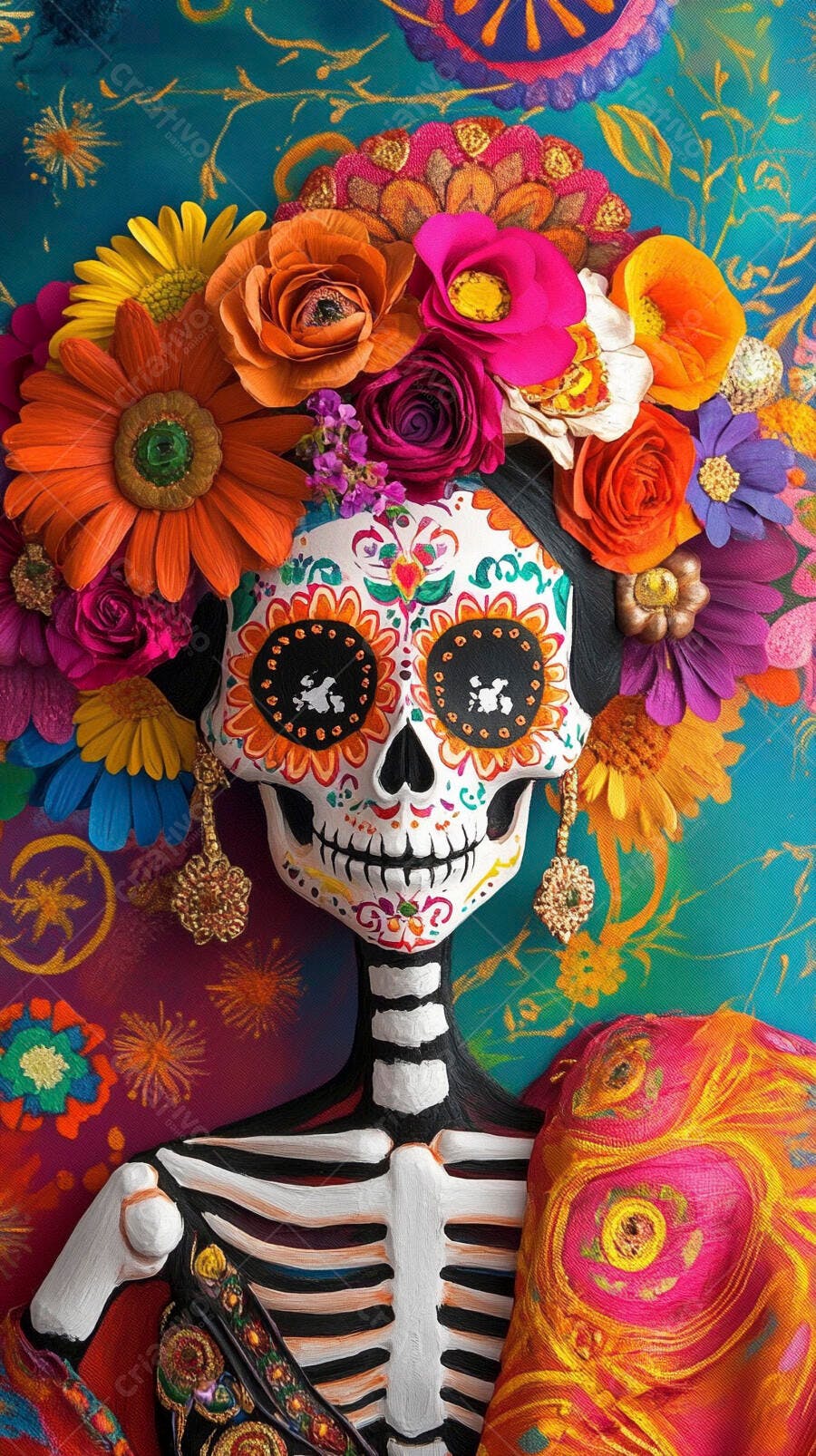 Calavera de açúcar Catrina com coroa de flores vibrantes e esqueleto decorado Dia de Muertos