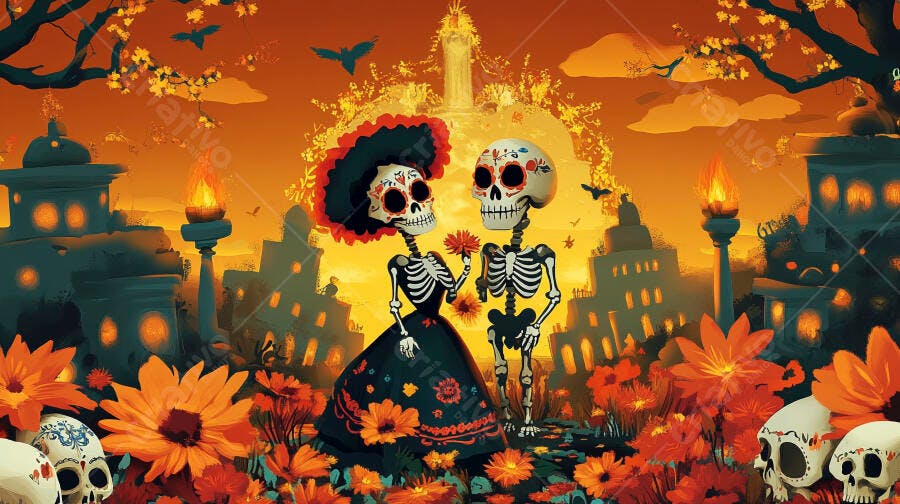 Esqueletos Calavera Catrina casal celebrando Dia dos Mortos entre flores laranja