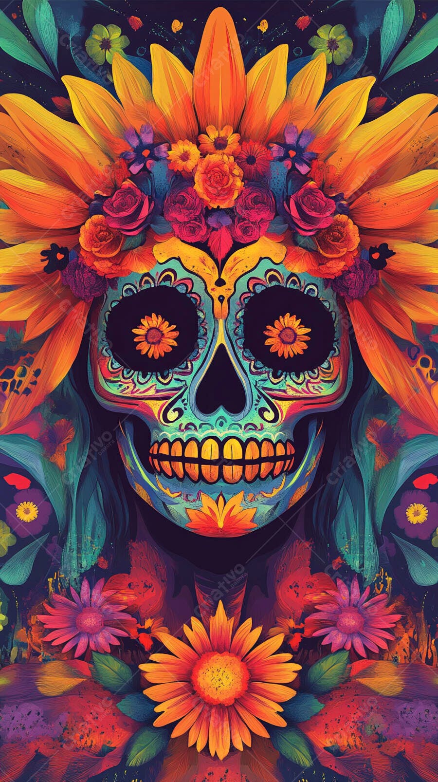 Calavera mexicana colorida com coroa de flores para Dia dos Mortos