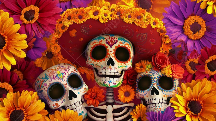 Calaveras coloridas Dia de los Muertos com flores vibrantes e sombrero