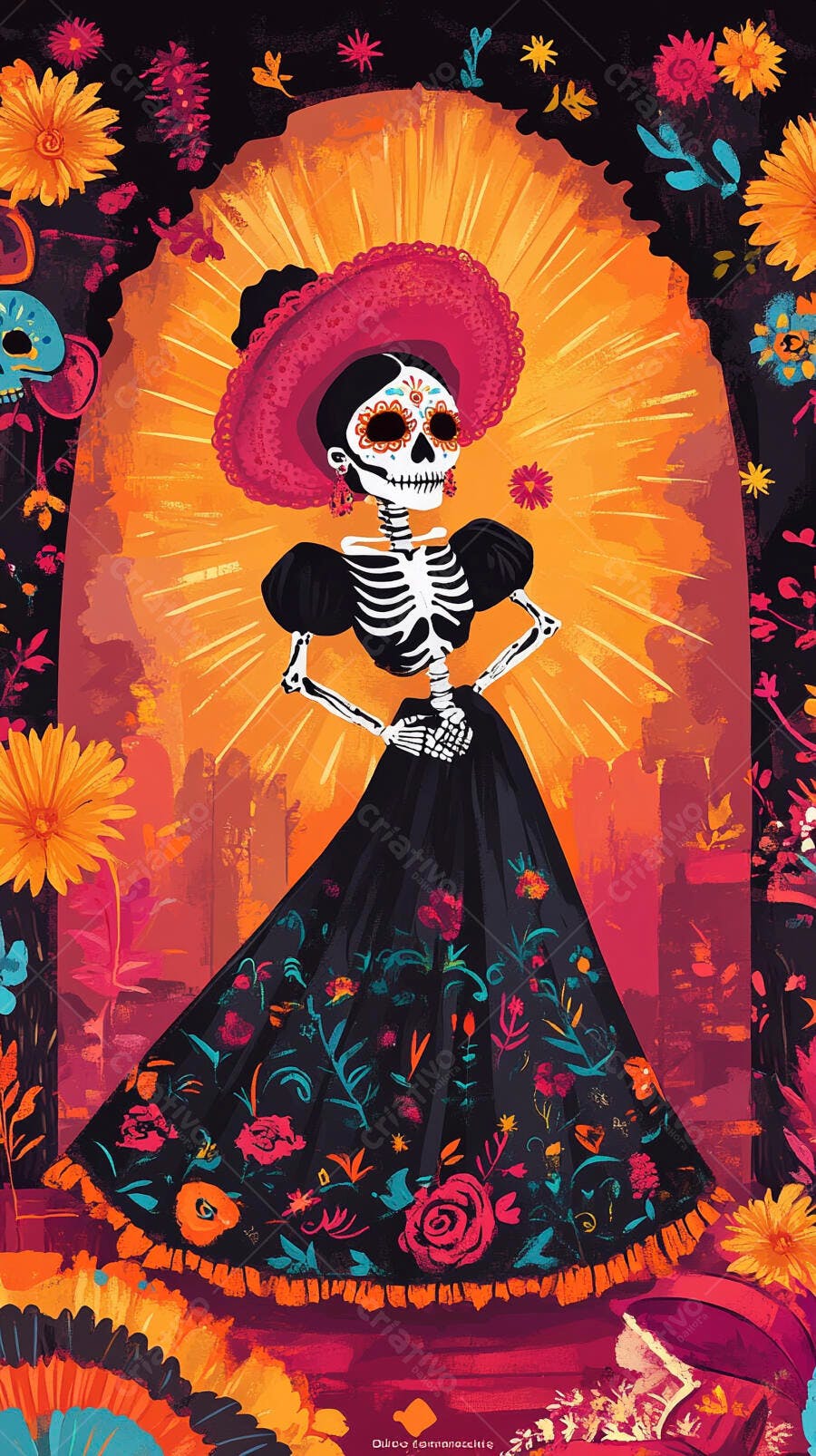 Catrina elegante com chapéu rosa e vestido floral em celebração do Dia dos Mortos