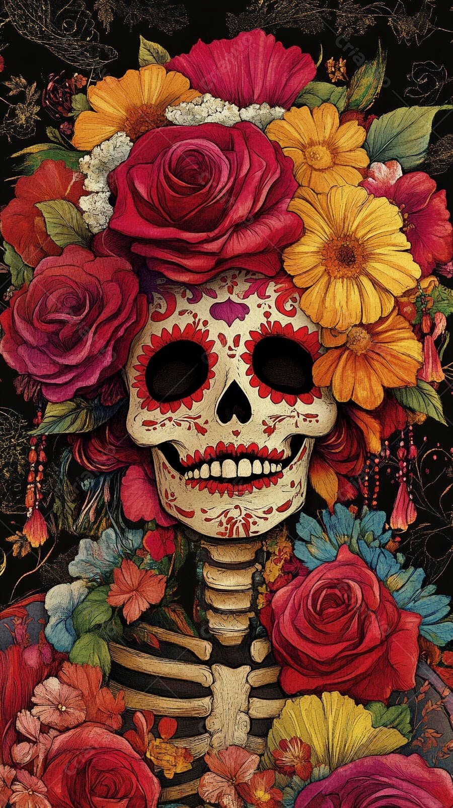 Calavera mexicana decorada com rosas e crisântemos coloridos para Dia dos Mortos