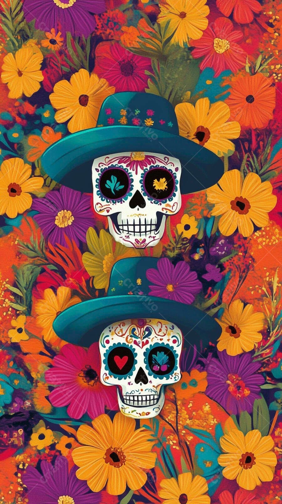 Duas caveiras mexicanas com sombreros azuis em fundo floral vibrante para Dia dos Mortos