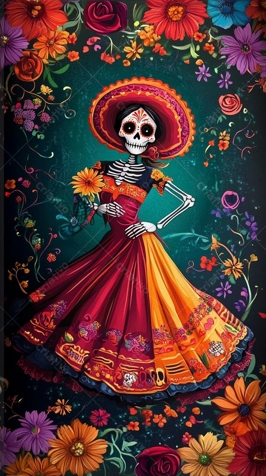 Calavera Catrina colorida em vestido tradicional com flores no Dia dos Mortos