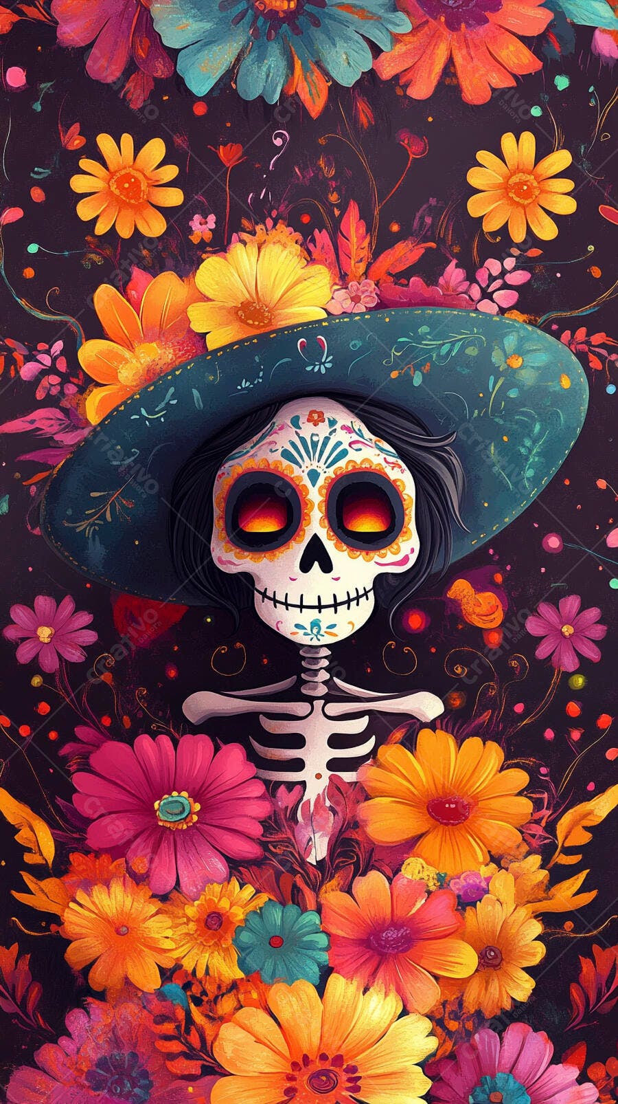 Caveira mexicana Catrina com chapéu e flores vibrantes Dia dos Mortos