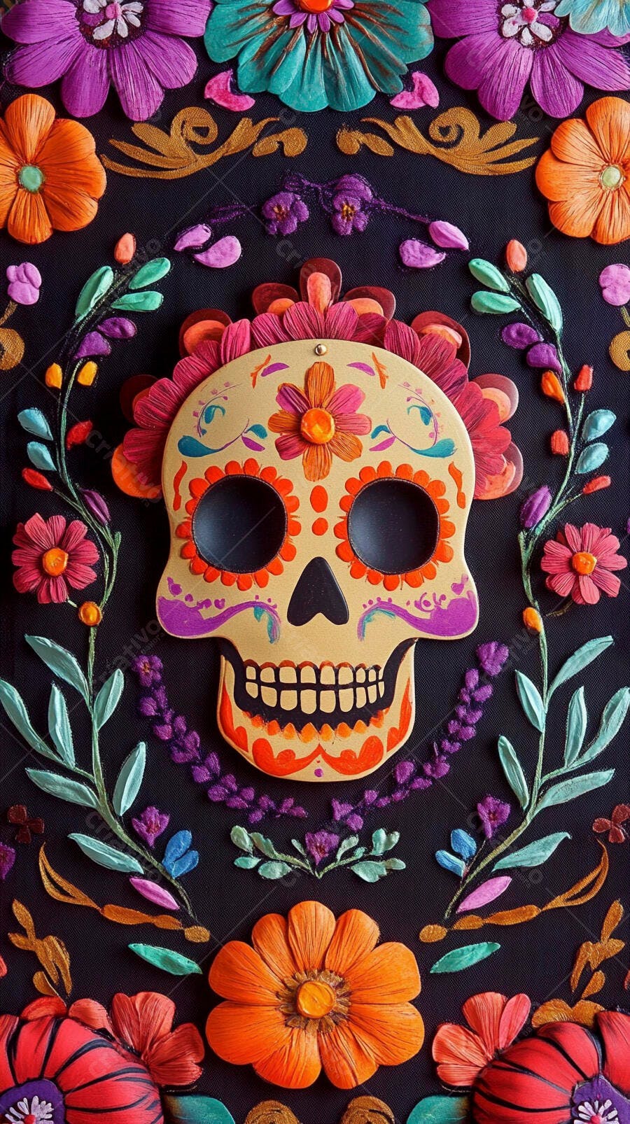 Calavera de açúcar colorida com flores vibrantes para o Dia dos Mortos
