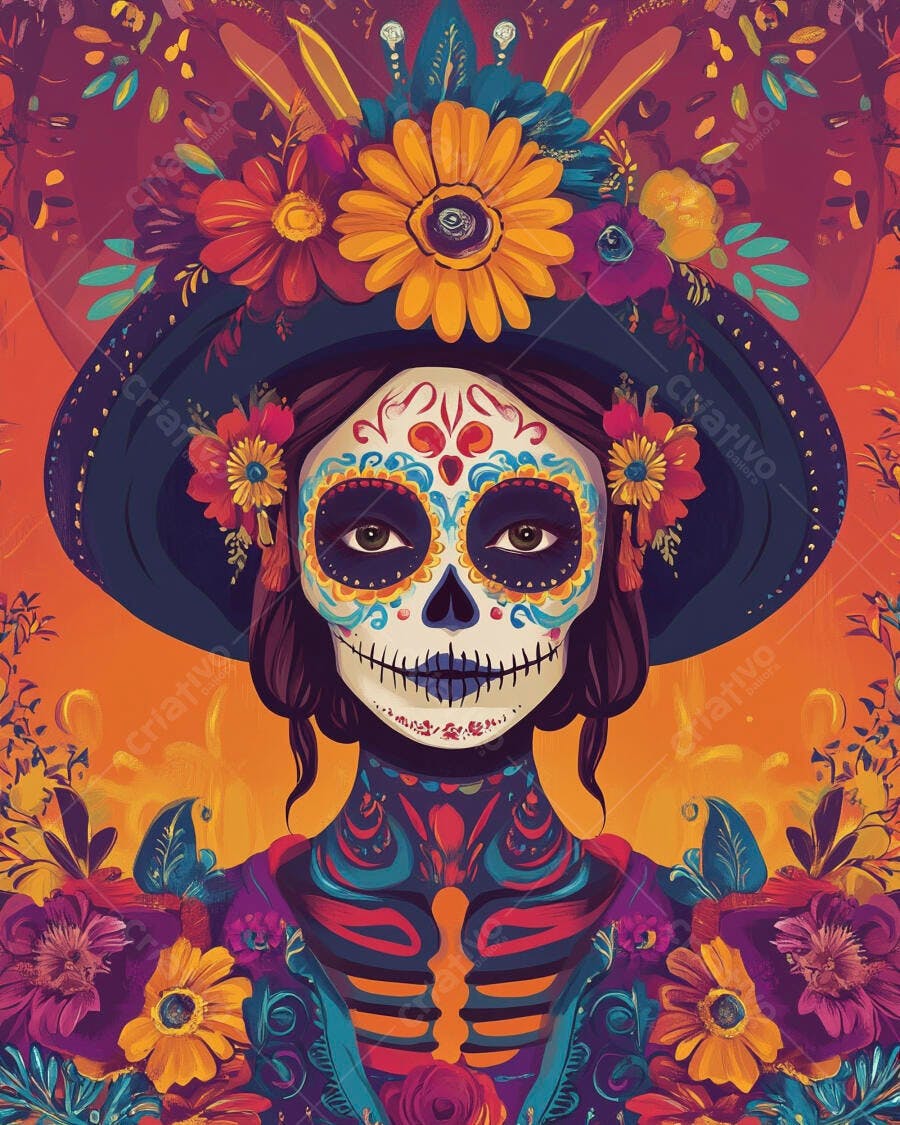 Mulher Catrina colorida com maquiagem caveira e chapéu de flores Día de Muertos