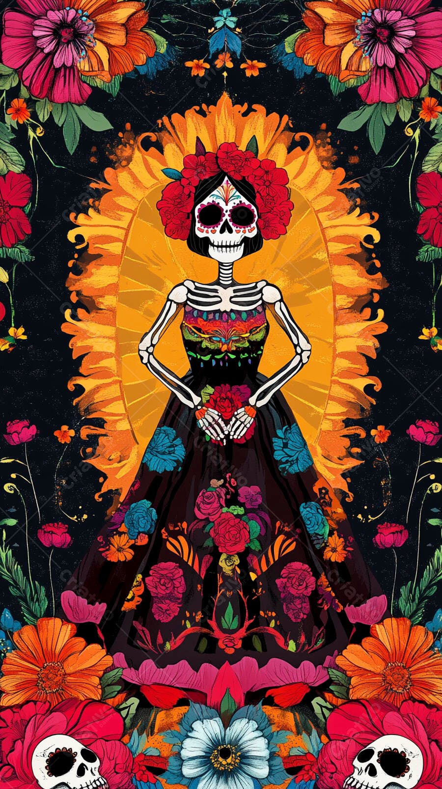 Calavera Catrina esqueleto com vestido floral colorido celebra Dia de los Muertos
