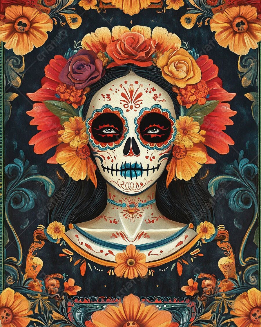 Mulher Calavera Catrina com coroa floral vibrante e maquiagem colorida tradicional