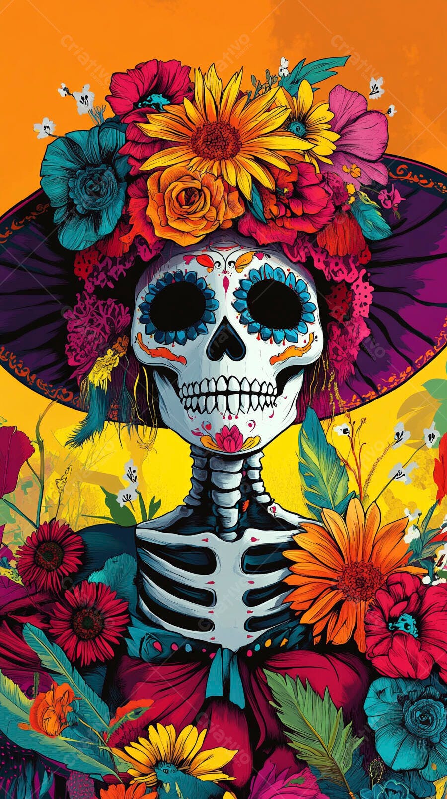 Catrina esqueleto decorada com flores vibrantes e chapéu roxo Dia dos Mortos