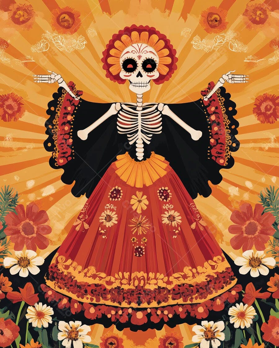 Calavera Catrina vestindo vermelho e preto com flores para o Dia de Muertos
