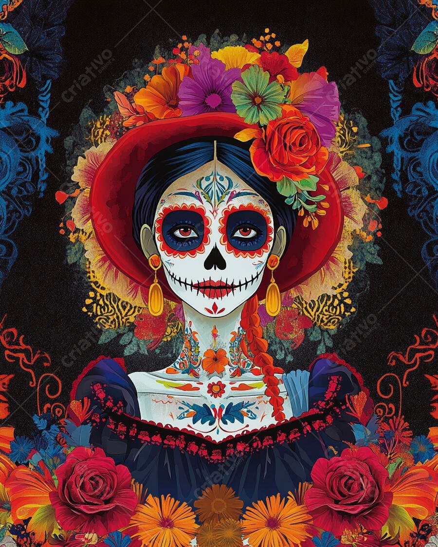Mulher Catrina com chapéu vermelho e flores vibrantes maquiagem Dia dos Mortos festivo