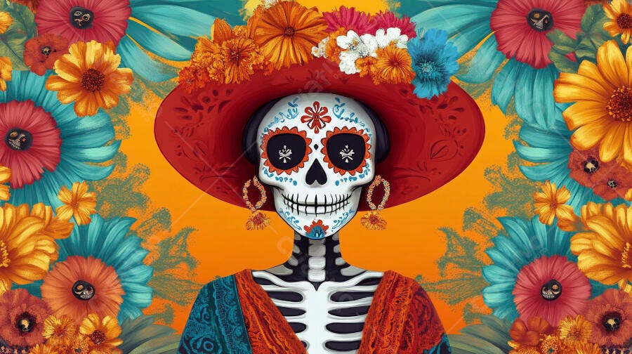 Calavera Catrina com chapéu vermelho e flores coloridas em fundo laranja vibrante arte mexicana Dia dos Mortos