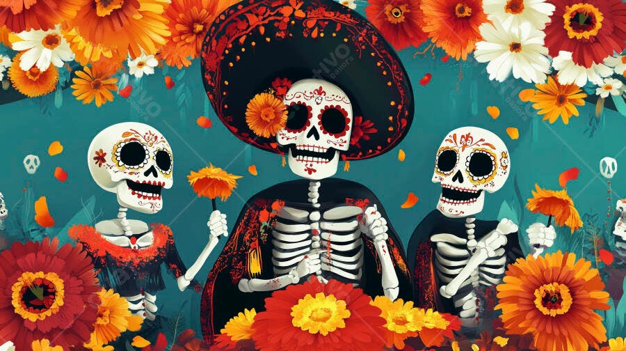 Calaveras mexicanas celebrando Dia dos Mortos com flores vibrantes e sombrero