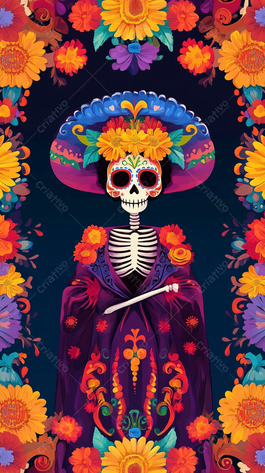 Calavera Catrina esqueleto feminino em manto roxo com chapéu floral Dia dos Mortos