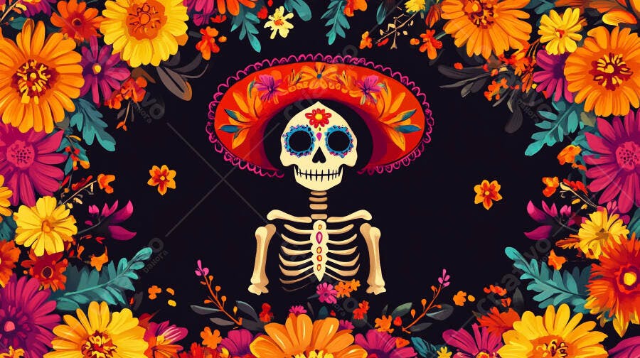 Esqueleto Calavera festa Dia dos Mortos com flores vibrantes e sombrero colorido