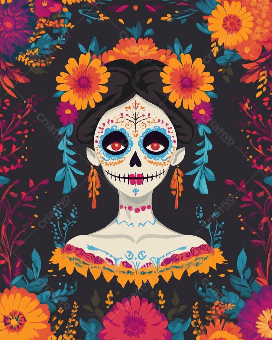 Mulher Catrina maquiagem de crânio de açúcar e flores vibrantes Dia de los Muertos