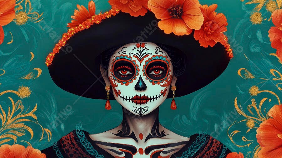 Mulher Calavera Catrina com chapéu e flores laranja celebra Dia dos Mortos