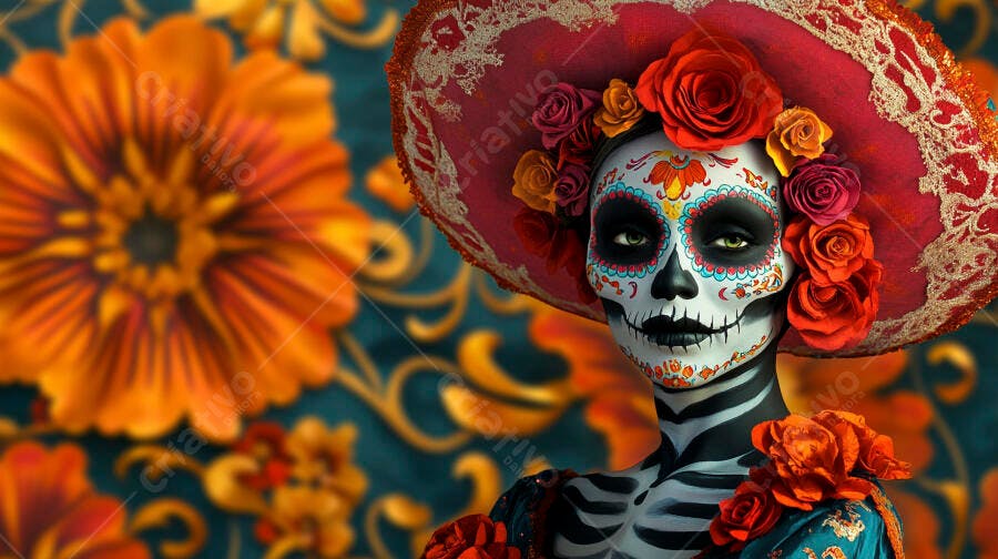 Calavera Catrina mexicana com sombrero e rosas coloridas Dia de Muertos