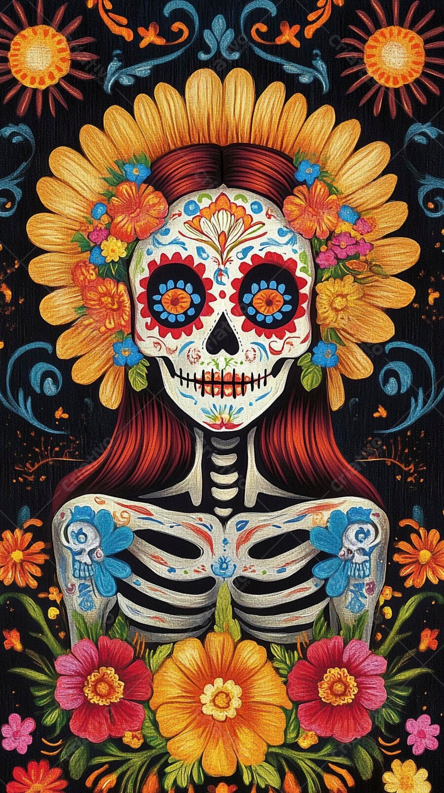 Calavera Catrina com maquiagem floral e coroa de girassóis Dia dos Mortos