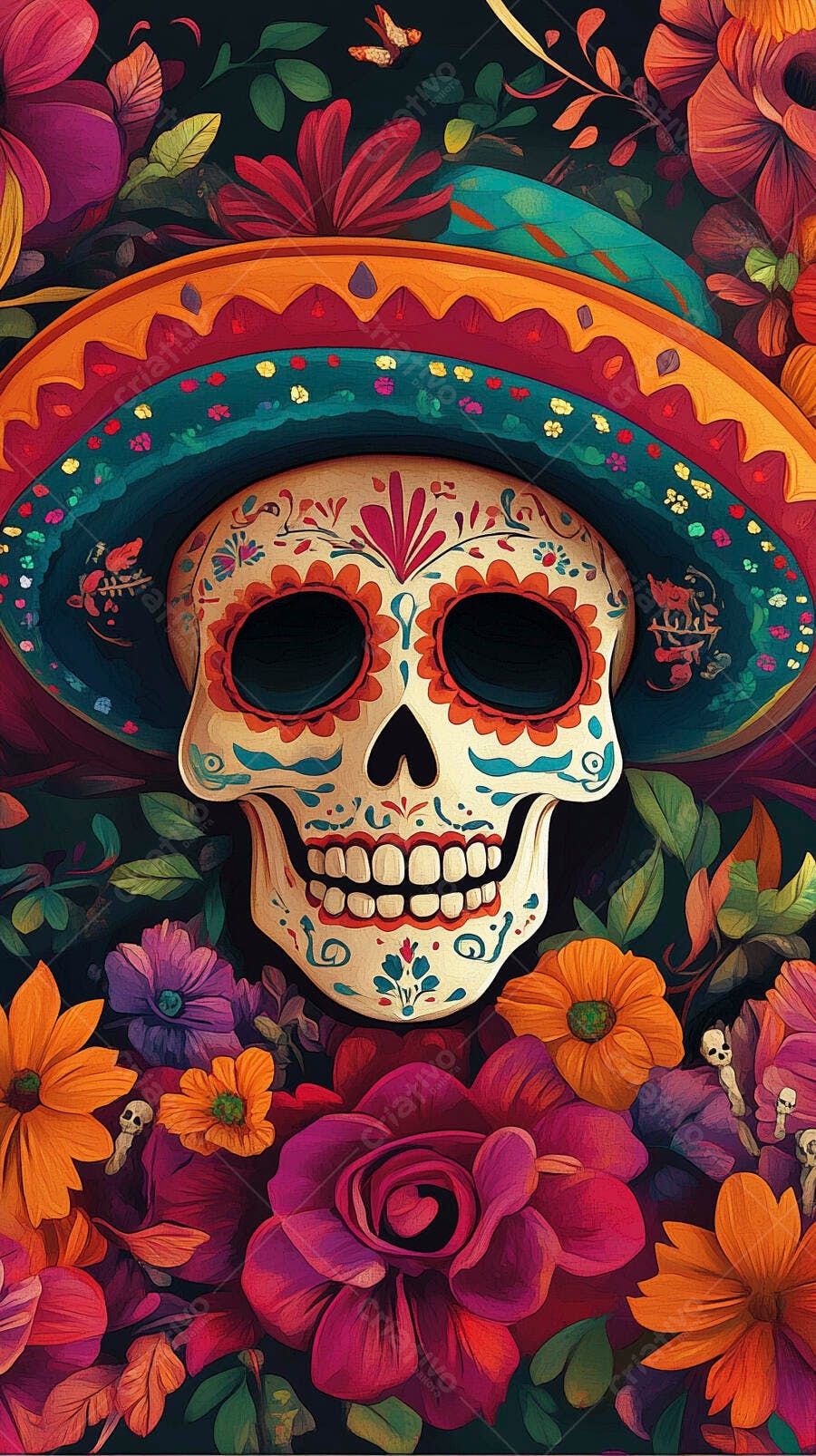 Caveira mexicana decorada com sombrero e flores vibrantes para o Dia de Muertos