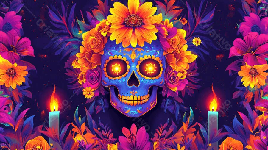 Calavera mexicana azul vibrante com flores e velas acesas coloridas