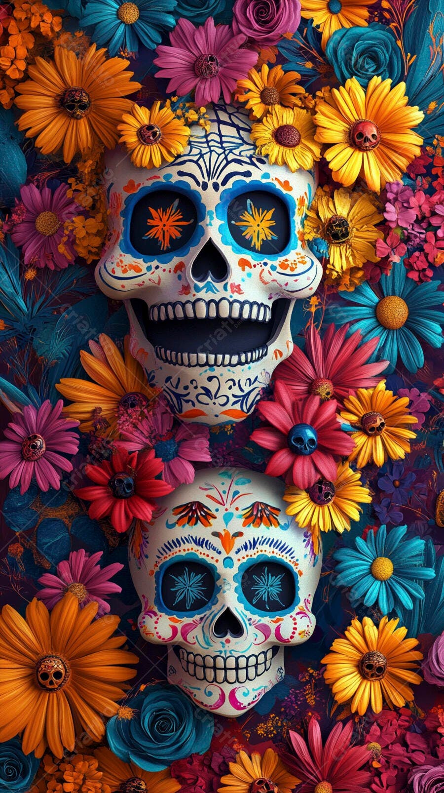 Crânios de açúcar coloridos com flores vibrantes da Dia de los Muertos