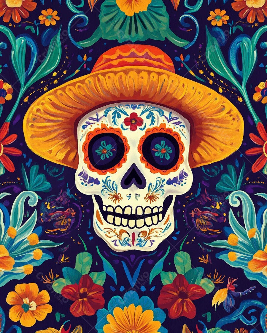 Caveira mexicana colorida com sombrero e flores vibrantes