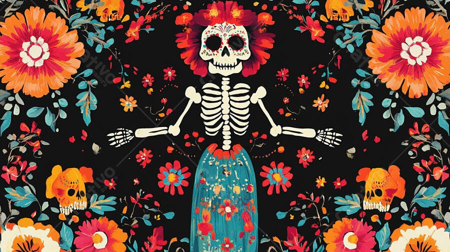 Calavera mexicana colorida com flores vibrantes e caveiras no Dia dos Mortos