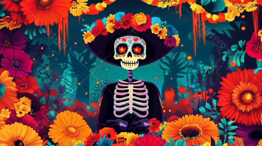 Catrina colorida com chapéu de flores celebra Dia de los Muertos