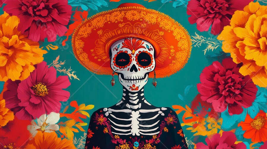 Calavera Catrina mexicana vibrante com sombreiro e flores coloridas Día de los Muertos