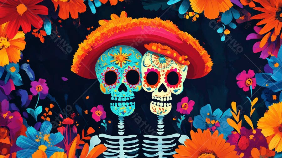 Duas caveiras mexicanas decoradas com flores vibrantes e sombrero para o Dia dos Mortos